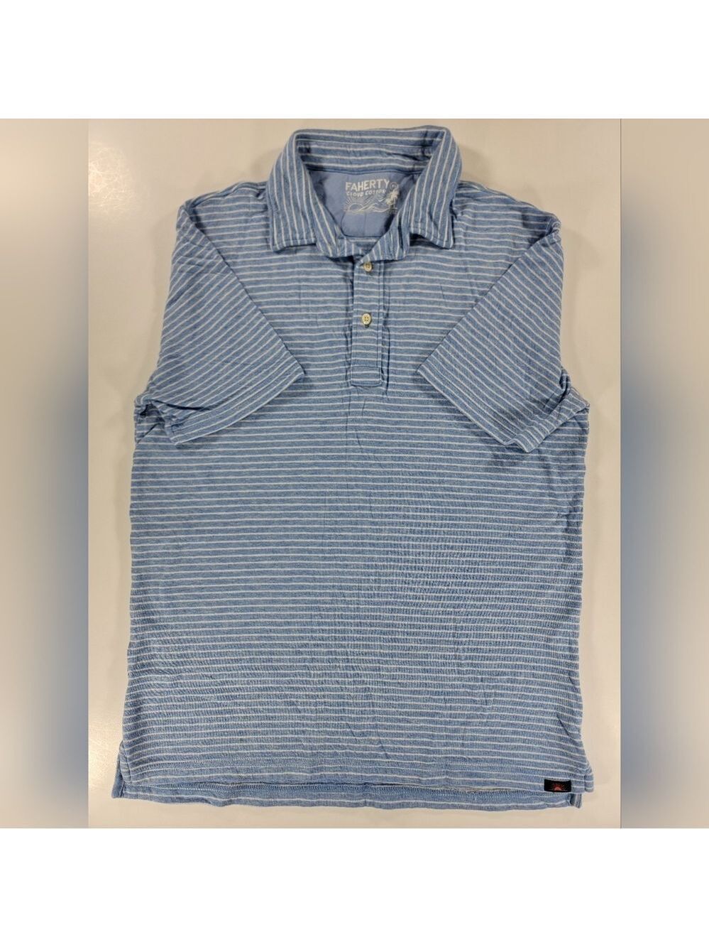 Faherty Cloud Cotton Polo Shirt Mens Medium Blue White Striped Short Sleeve Soft